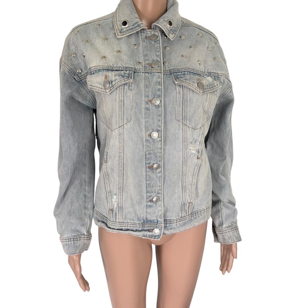 Upcycled Denim Jacket M Angel Cherub Grommet Stud Celestial Punk Boho Retro Blue - Picture 6 of 13